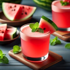 Wall Mural - glass of pink watermelon juice with a mint leaf on top. There are also two other glasses of watermelon juice on the table.