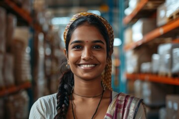 Portrait of a smiling young female adult warehouse worker