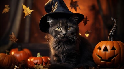 Playful black kitten with bright eyes perches on orange pumpkin for spooky Halloween fun