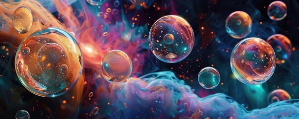 Poster - A vibrant abstract image of floating bubbles against a cosmic background, showcasing colorful swirls and ethereal beauty.