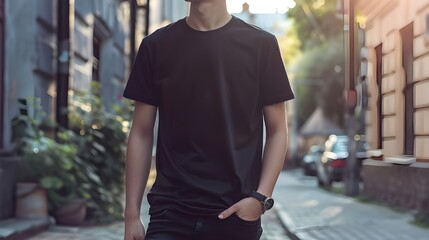 Teenage Model Mockup – Top Boy wearing a black t-shirt while strolling down a street during the day, hipster adult shirts mockup template for design print, 