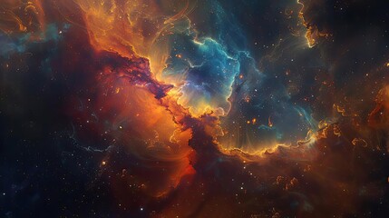 Poster - Vibrant cosmic nebula with swirling colors of orange, blue, and purple, showcasing the beauty of the universe.