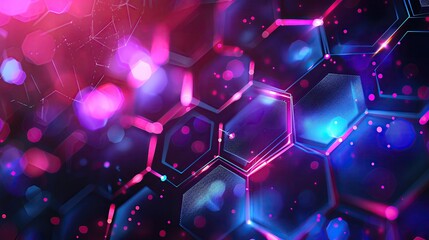 Poster - A vibrant abstract background featuring glowing hexagons and colorful bokeh, perfect for technology or design themes.