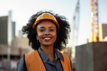 Smiling portrait of a young female African American architect on construction site