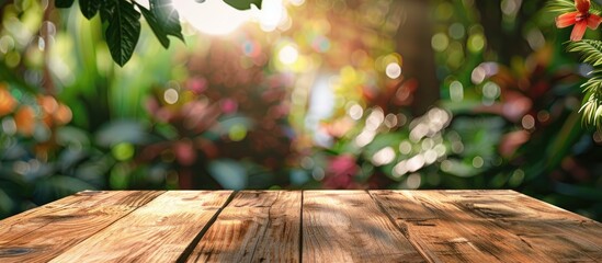 Sticker - Wooden table with a blurred garden background featuring plants ideal for a copy space image