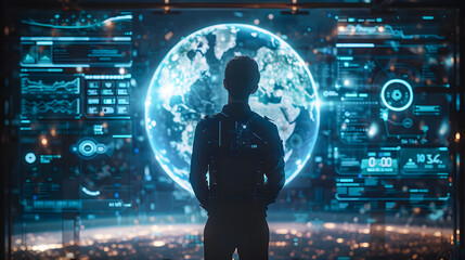 Poster - The silhouette of a person looking at the hologram of a global world sphere and futuristic screens with applications with artificial intelligence to work on the future of digital technology