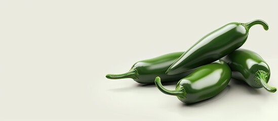 Poster - Close up image showcasing three jalapeno chilies on a white background with space for text. Copy space image. Place for adding text and design