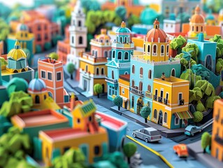 Wall Mural - Origami Paper Illustration of Monterrey's Barrio Antiguo

