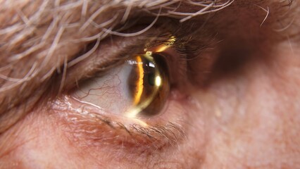 Close-up of a senior man having his vision tested on an ophthalmology diagnostic vision testing equipment. Old man doing eye test with non contact tonometer, checking vision at optical clinic