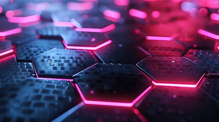 Poster - A close-up view of a modern hexagonal pattern with glowing pink neon lights on a sleek dark background, perfect for tech designs.