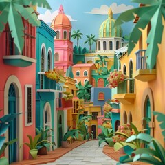 Wall Mural - Origami Paper Illustration of Monterrey's Barrio Antiguo

