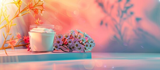 Poster - An elegant setup with a jar of cream and flowers placed on a colorful background perfect for your copy space image