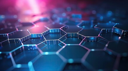 Poster - Futuristic hexagonal pattern with glowing edges, highlighting technology and innovation in a vibrant, digital landscape.