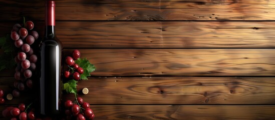 Red wine bottle with corks and grapes on a wooden backdrop with copy space image