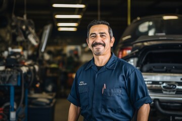 Wall Mural - Smiling portrait of a middle aged car mechanic in workshop