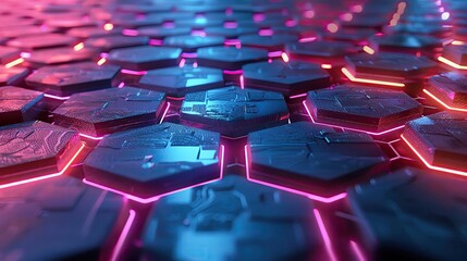 Poster - Futuristic hexagonal pattern with glowing neon edges creates a vibrant and dynamic digital space, ideal for technology themes.
