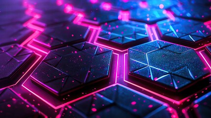 Poster - Vibrant geometric pattern featuring hexagonal shapes with glowing neon accents, ideal for futuristic or technology-themed designs.