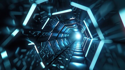 Poster - Futuristic tunnel with glowing blue light beams, creating an abstract and immersive atmosphere, perfect for sci-fi and technology themes.