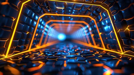 Poster - A futuristic tunnel with glowing blue and orange neon lights creating a vibrant and digital atmosphere.