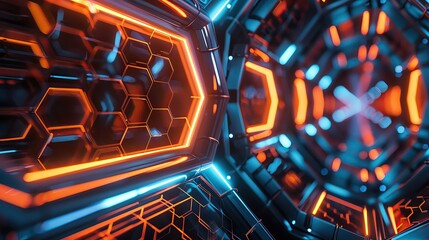 Poster - Futuristic hexagonal tunnel with glowing orange and blue lights, creating a sci-fi atmosphere ideal for technology-themed projects.