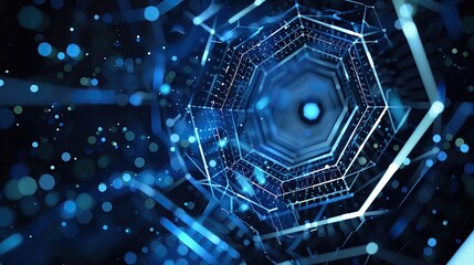 Poster - A mesmerizing blue abstract background resembling a digital web, showcasing intricate patterns and glowing particles.