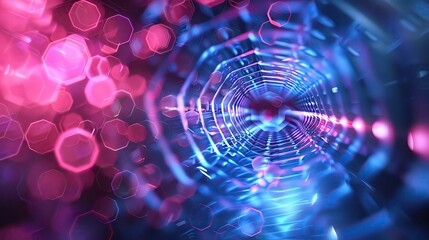 Poster - A vibrant abstract background showcasing a web of colorful lights in shades of blue and pink, creating a futuristic atmosphere.
