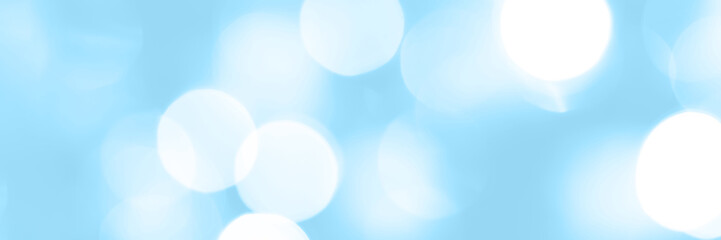 Wall Mural - Blurred lights blue background, banner texture. Abstract bokeh with soft light header. Wide screen wallpaper. Panoramic web banner with copy space for design