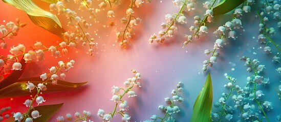 Wall Mural - A top down view of lilies of the valley flowers set against a colorful background leaving room for additional elements in the image