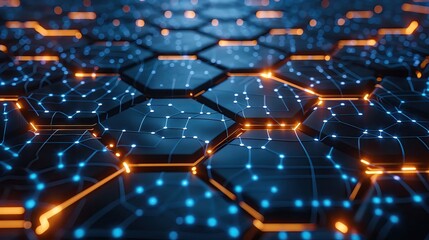 Poster - Futuristic hexagonal background with glowing blue and orange dots, showcasing a digital network and technology concept.