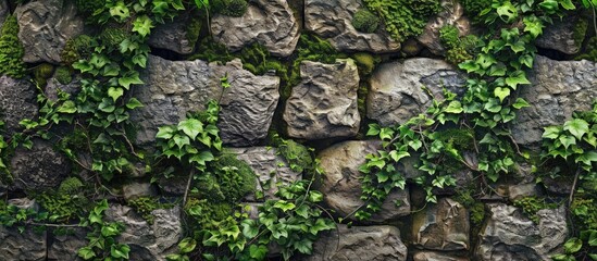 Lush green ivy and moss thriving on ancient stone walls creates a picturesque scenery with copy space image