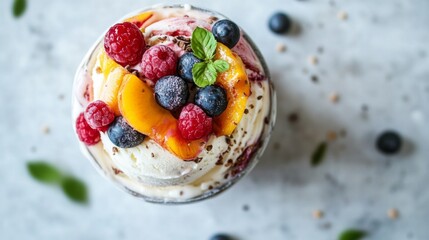 Poster - Top view of a stacked ice cream dessert with fresh fruit, inside a minimalist