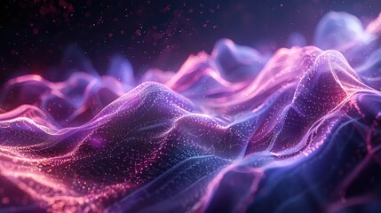 Poster - A vibrant abstract landscape featuring flowing waves and glowing particles, ideal for digital art and futuristic designs.