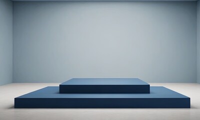 Poster - A blue podium with two steps sits in a room with a white wall