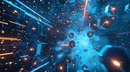 Poster - A vivid digital landscape with dynamic lines and geometric shapes, representing futuristic technology and cosmic exploration.
