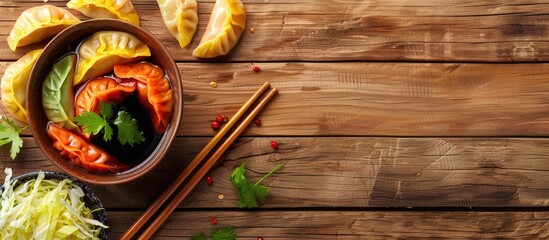 Sticker - Wooden background with a bowl of colorful dumplings accompanied by soy sauce cabbage and chopsticks leaving room for text in the copy space image