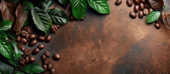 Canvas Print - Coffee beans and leaves create a textured background for a coffee shop ad with ample copy space image for invitations