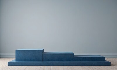 Poster - A blue podium with three steps sits in front of a white wall