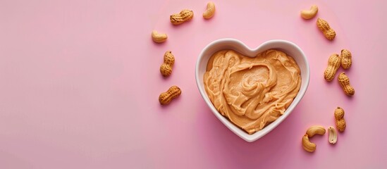 Poster - Heart shaped bowl with peanut butter and peanuts on a pink backdrop seen from above providing copy space image