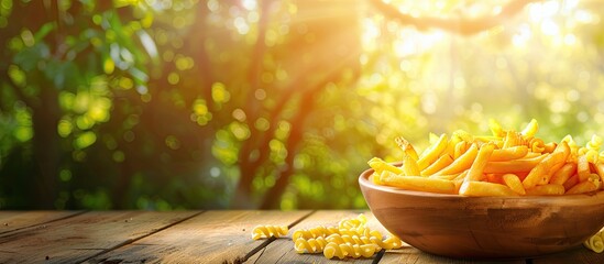 Canvas Print - Placing crispy fries and tasty macaroni on the dining table with a natural blurred background as a copy space image