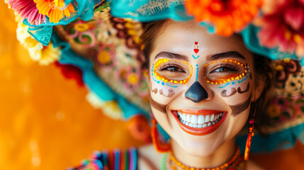 dia de los muertos. beautiful young woman with sugar skull makeup and floral wreath on orange backgr