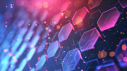 Poster - A vibrant abstract background showcasing hexagonal patterns and glowing elements in vivid pink and blue hues, perfect for tech themes.