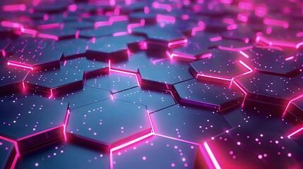 Poster - Futuristic hexagonal pattern with glowing pink lines and particles, ideal for tech and digital backgrounds.