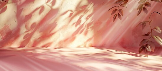 Sticker - A summery studio setting with soft beige and pink hues ideal for product presentation featuring a gentle sunlight filtered shadow of leaves on a pastel wall and floor invoking a feel of a dreamy summ