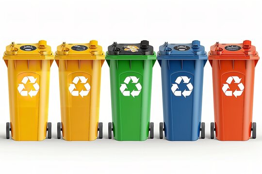 Recycle bins in the colors green, yellow, orange, red, blue, and black with the recycle symbol isolated on a white background in a vector illustration, Generative AI.