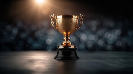 A mesmerizing golden trophy glistening under a spotlight against a backdrop of a championship banner,