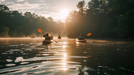 Wall Mural - A group of people peacefully paddling kayaks on a serene lake on a sunny day.