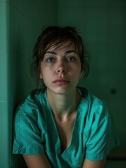 Wall Mural - A woman in a hospital nurse uniform, looking distraught against the backdrop of a prison cell. Mood conveys emotional intensity and vulnerability.