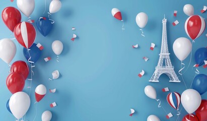 3d illustration of France National Day, French flag and Eiffel Tower with balloons on blue background for celebration French holiday concept