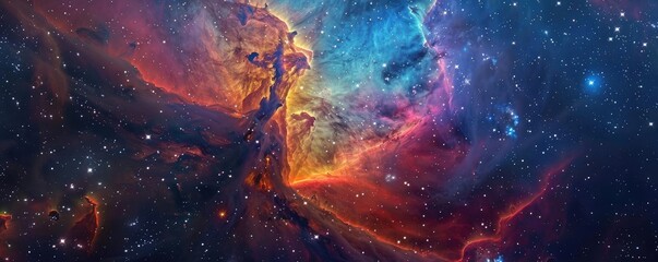 Poster - Stunning deep space nebula with vibrant colors of red, blue, and orange, capturing the beauty of the cosmos and distant stars.