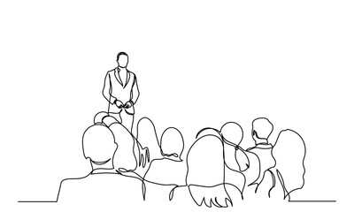 One continuous line drawing of the Audience in the conference hall. The public speaker talks and gives instructions in the conference hall. The public speaker in lectures, in front of the audience.